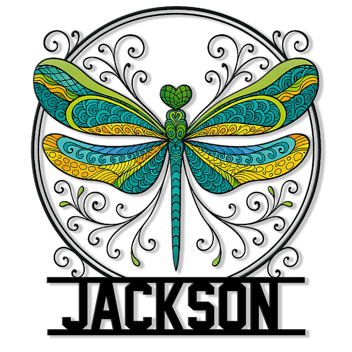 Colorful dragonfly metal sign with turquoise and yellow patterned wings, floral curls, and a custom base