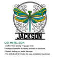 Decorative dragonfly metal sign shown with product feature details and a vivid turquoise, green, and yellow design
