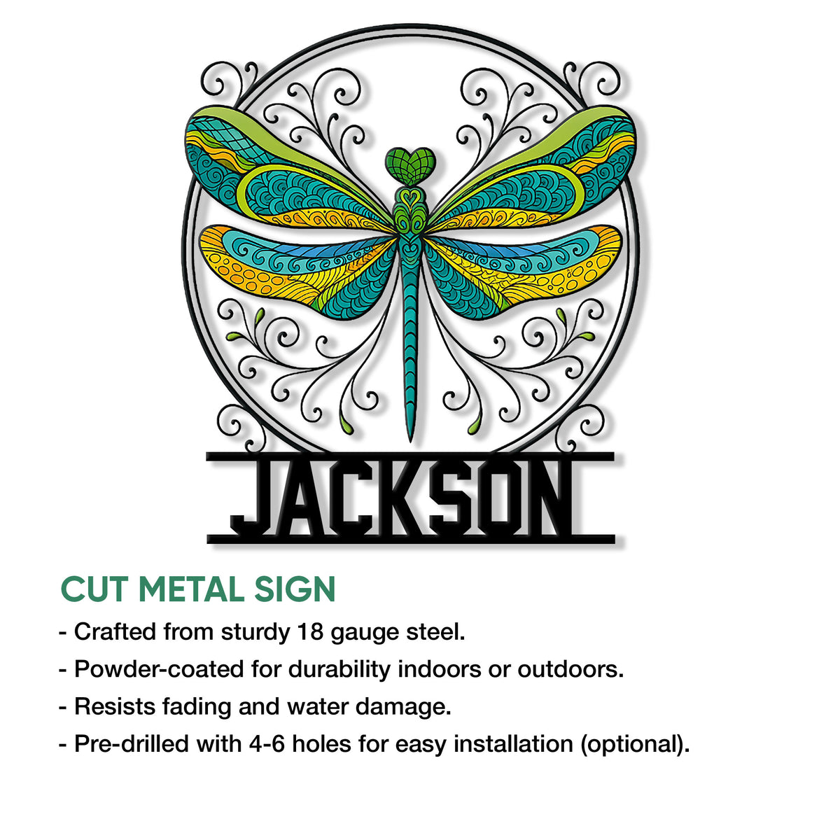 Decorative dragonfly metal sign shown with product feature details and a vivid turquoise, green, and yellow design