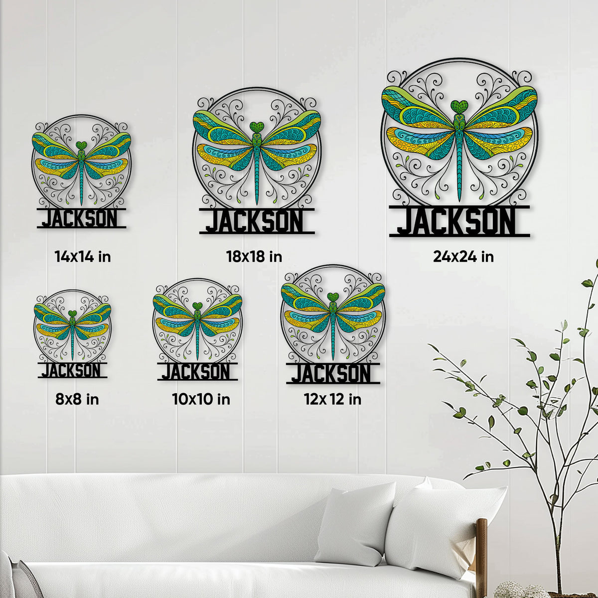 Dragonfly metal sign size guide showing available square sizes from 8 by 8 to 24 by 24 inches