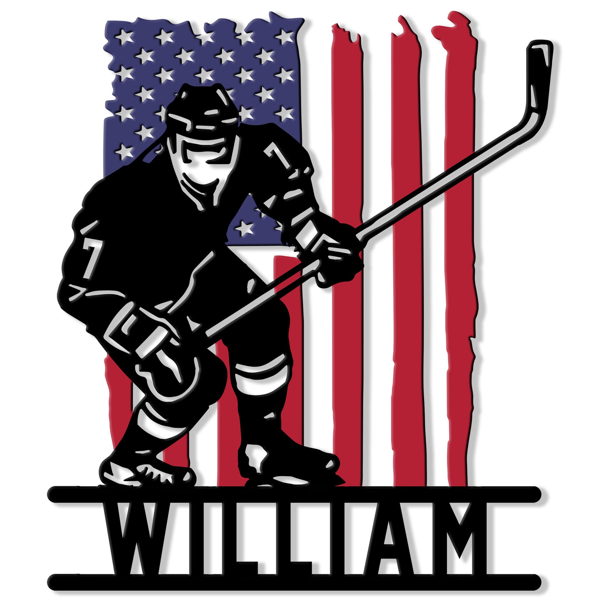 Patriotic hockey player metal sign featuring an American flag backdrop and crossed hockey stick