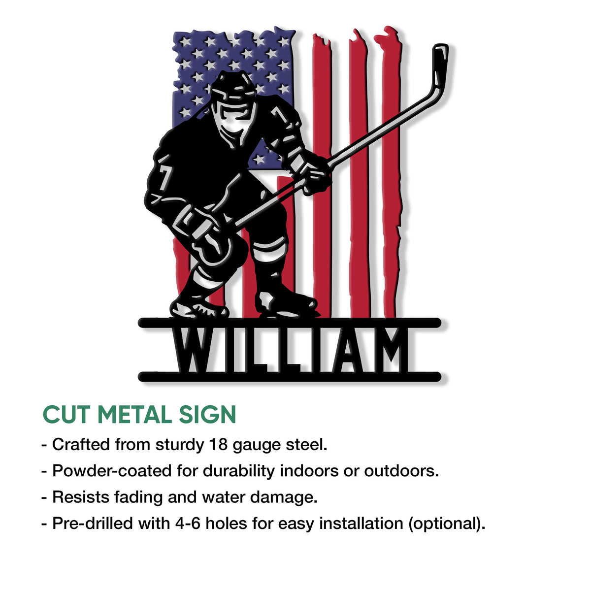 Hockey player cut metal sign shown with an American flag design and product feature information