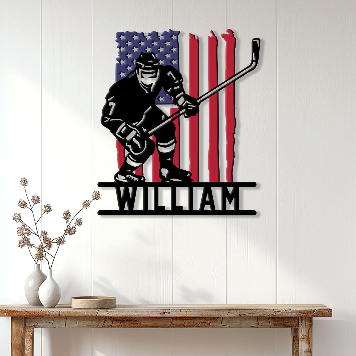 Patriotic hockey wall sign displayed above a console table in a bright home entryway