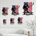 Hockey player metal sign shown in multiple size options on a bright living room wall