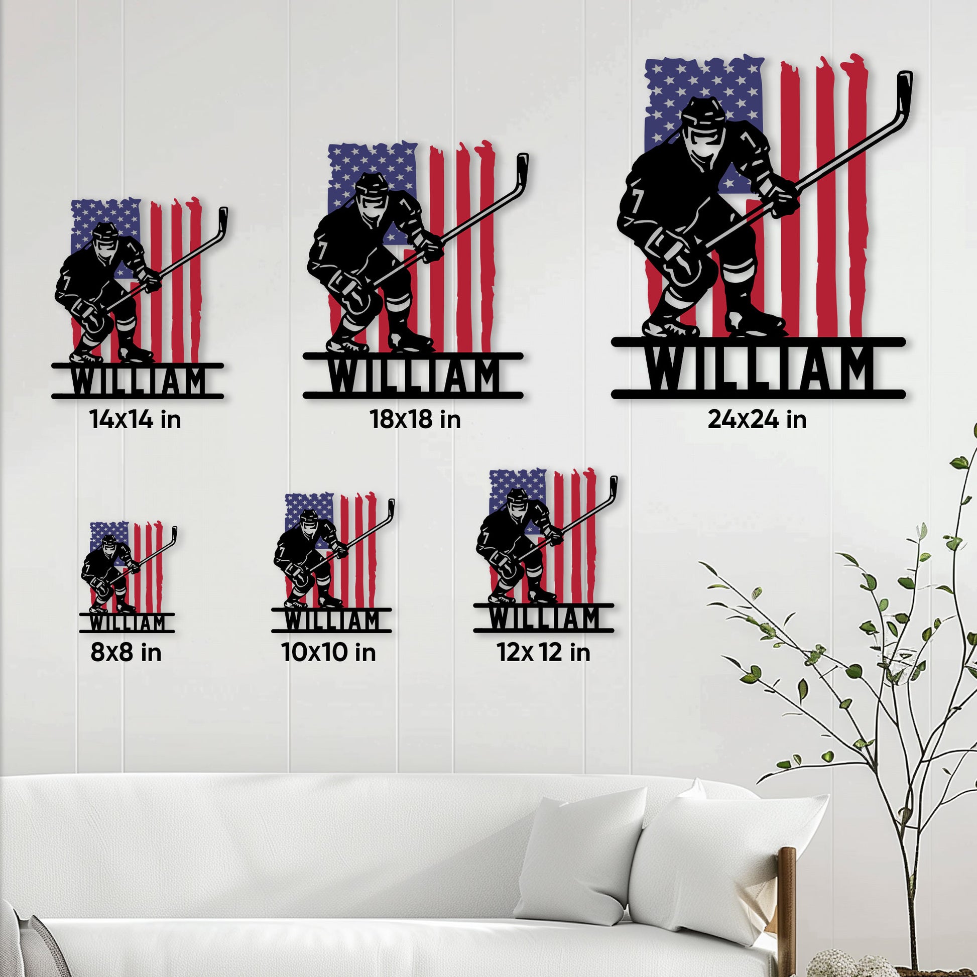 Hockey player metal sign shown in multiple size options on a bright living room wall