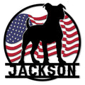 Patriotic pitbull metal sign featuring a bold dog silhouette over a waving American flag