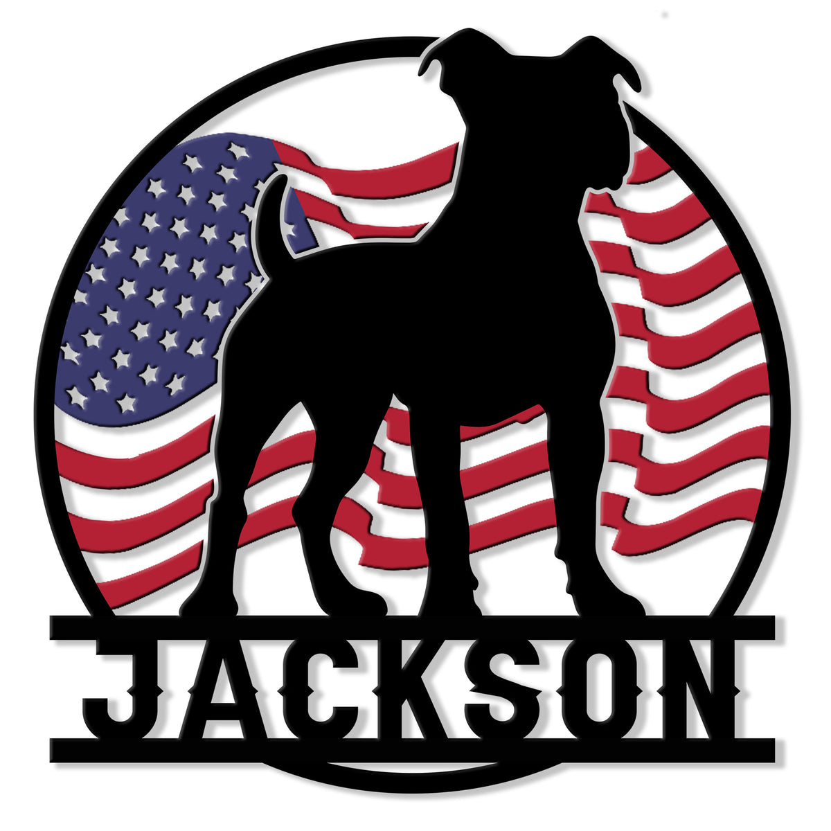 Patriotic pitbull metal sign featuring a bold dog silhouette over a waving American flag