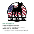 Pitbull metal sign feature graphic showing the patriotic silhouette design and display details