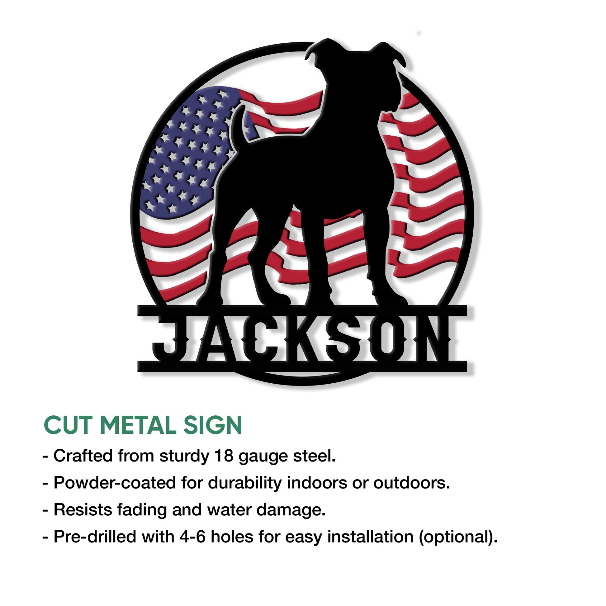 Pitbull metal sign feature graphic showing the patriotic silhouette design and display details