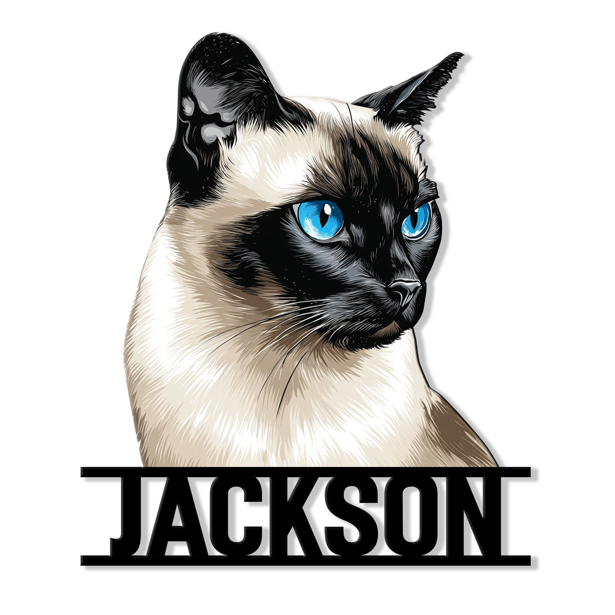 Close-up Siamese cat metal sign featuring a detailed cream coat, dark markings, and bright blue eyes