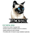 Siamese cat cut metal sign shown with a bold portrait design and product feature details