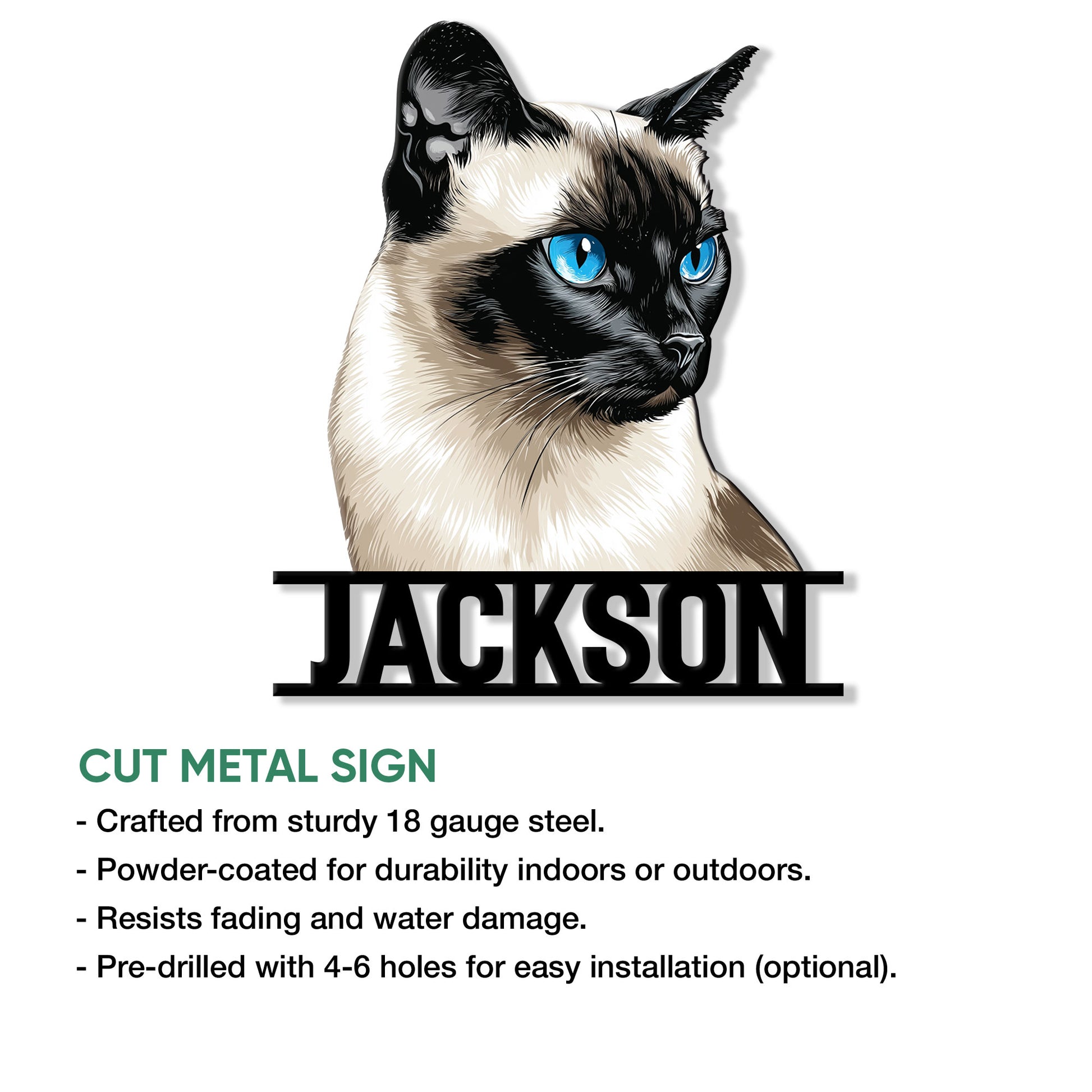 Siamese cat cut metal sign shown with a bold portrait design and product feature details