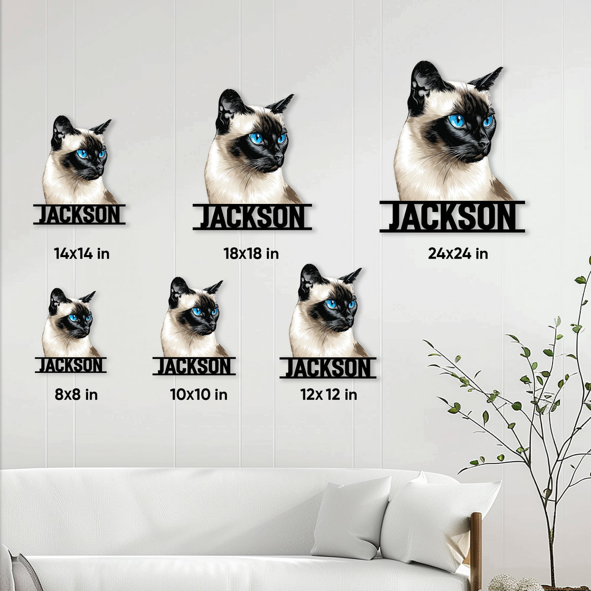 Siamese cat metal sign shown in multiple size options as living room wall decor