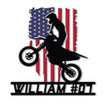 Motocross metal sign featuring a dirt bike rider silhouette against a distressed American flag backdrop