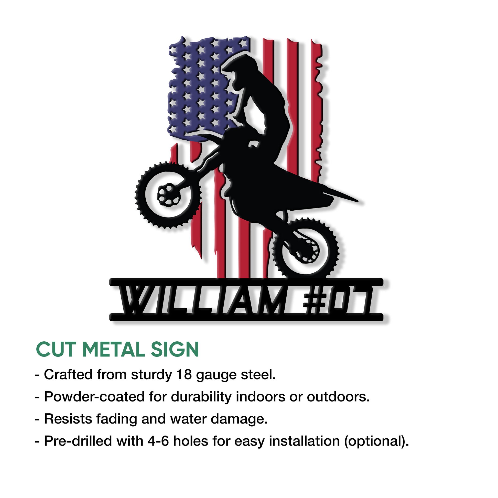 Motocross dirt bike metal sign shown with a product feature and installation information graphic