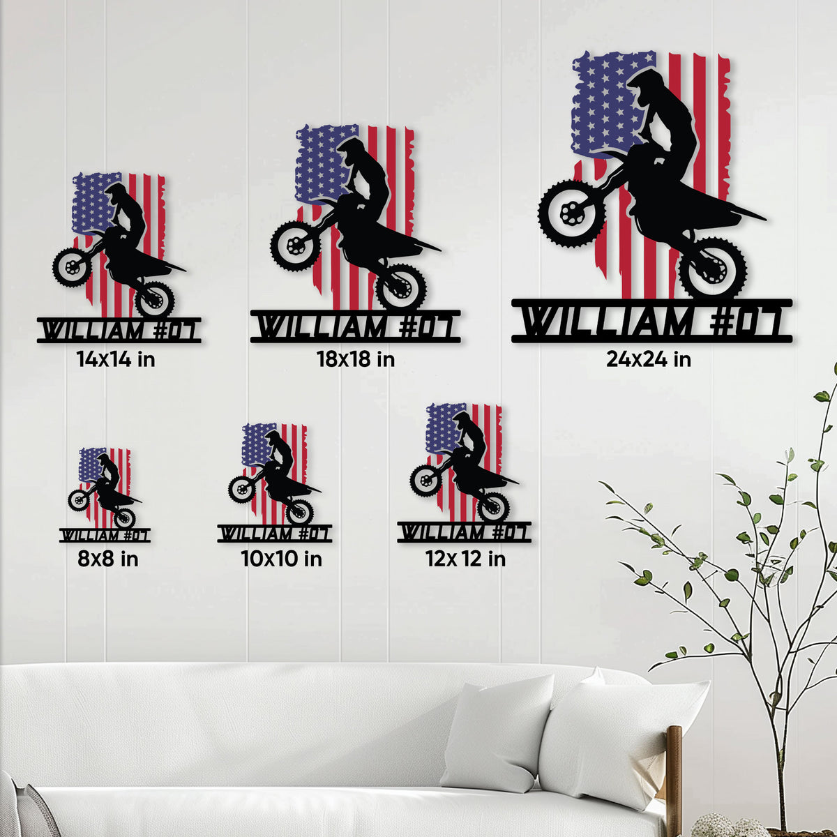 Motocross metal sign size guide showing multiple square size options displayed on a living room wall