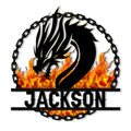 Fiery black dragon silhouette framed by a chain border on a custom metal sign