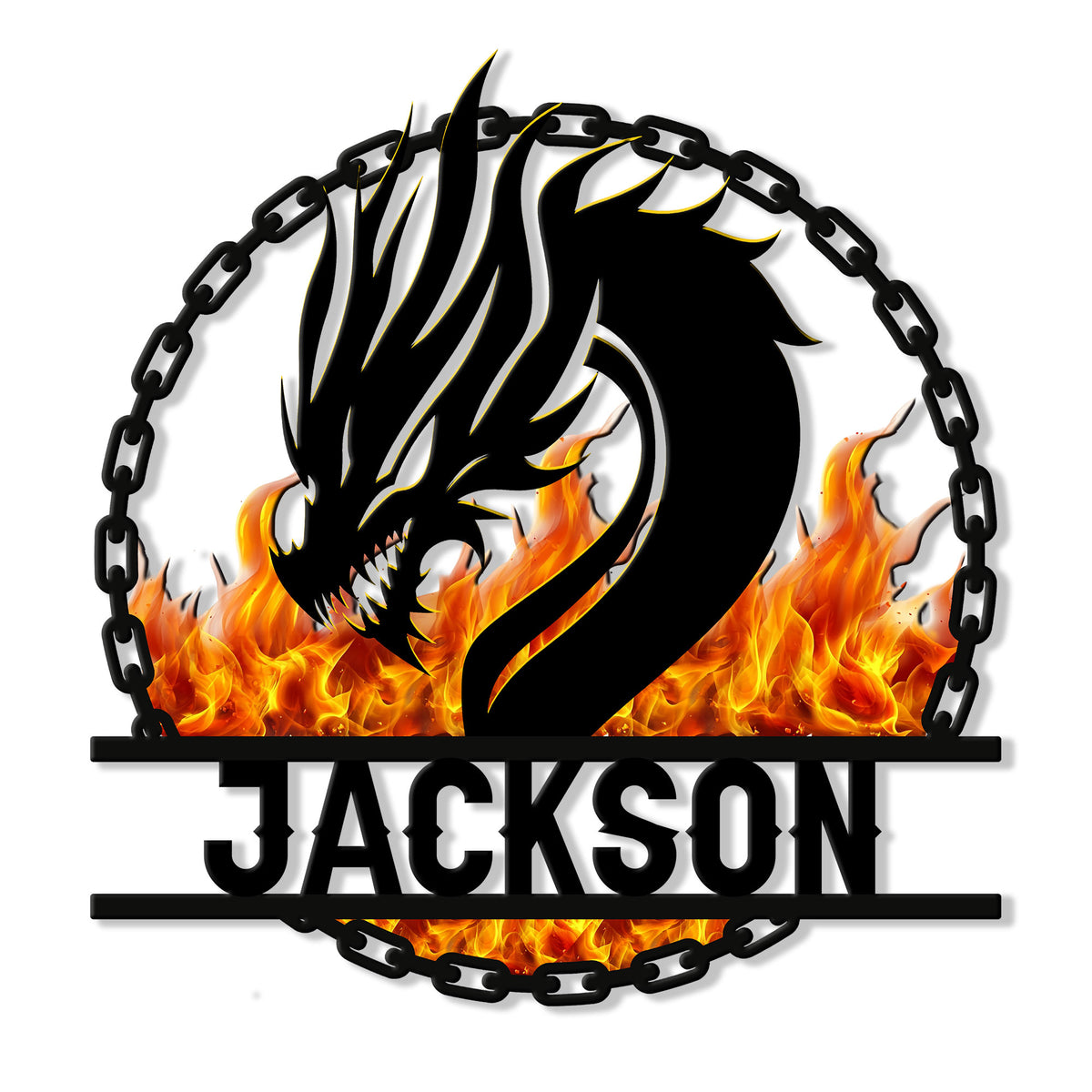 Fiery black dragon silhouette framed by a chain border on a custom metal sign