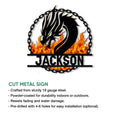 Dragon metal sign feature graphic showing a fiery dragon design and cut metal sign details