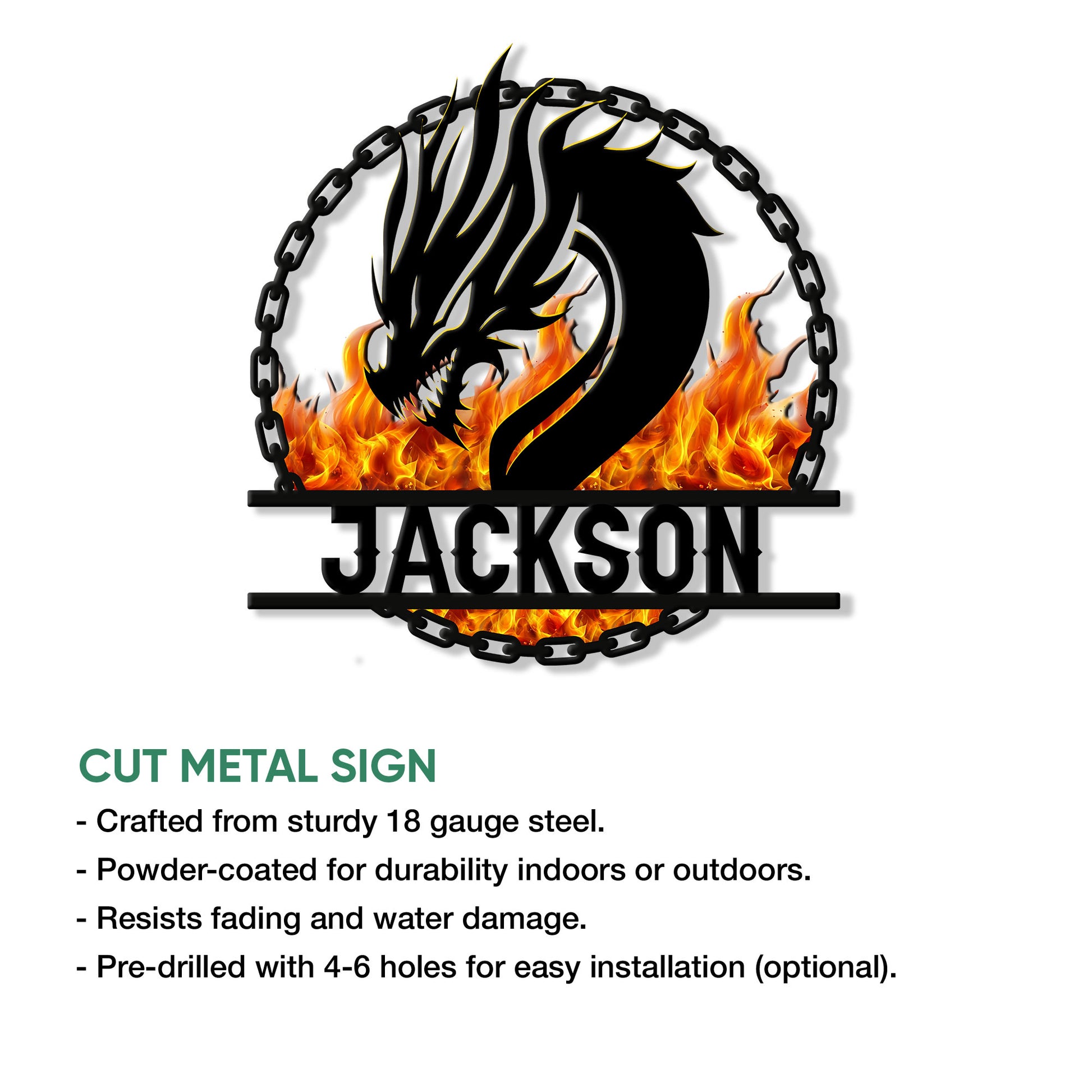Dragon metal sign feature graphic showing a fiery dragon design and cut metal sign details