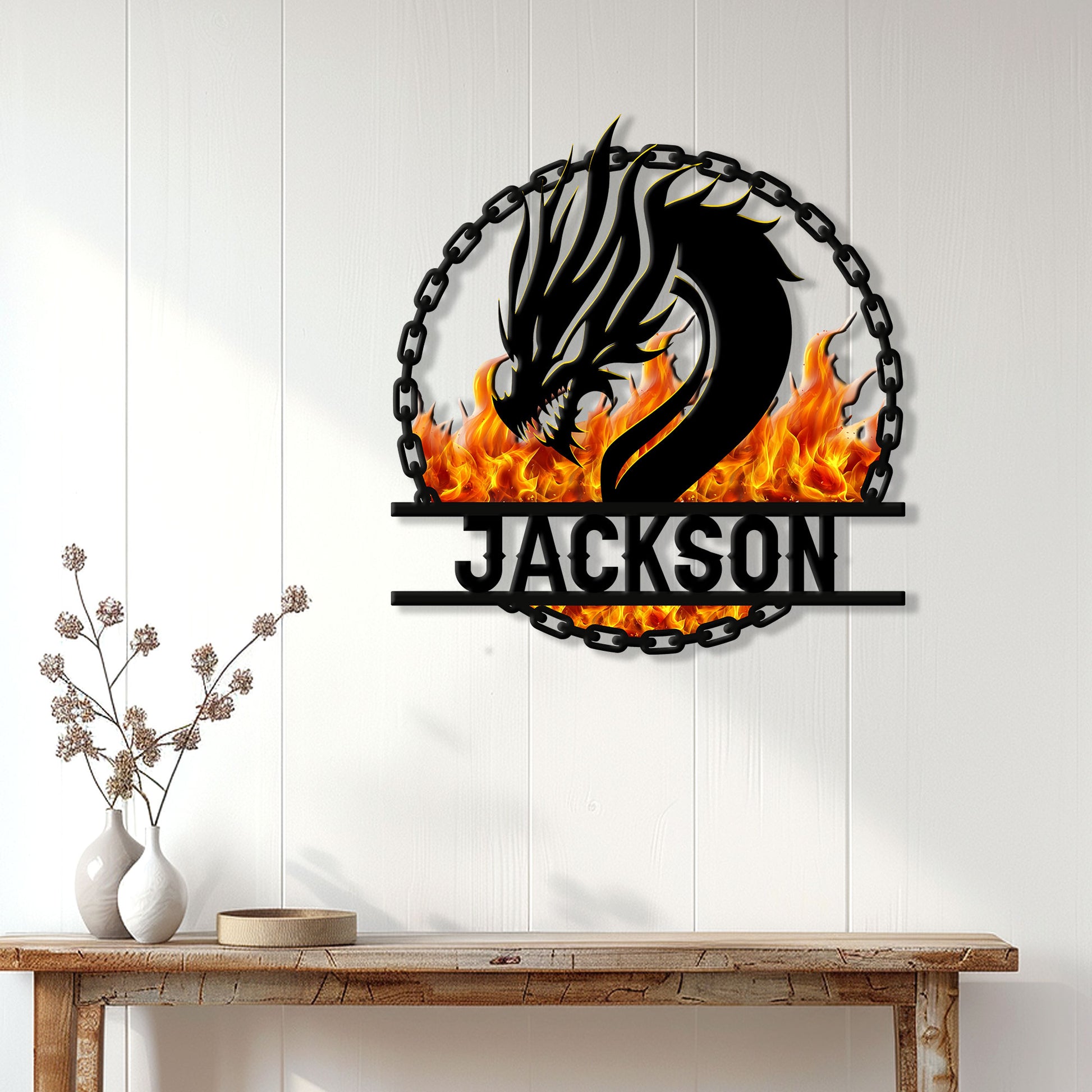 Fiery dragon metal wall sign displayed above a console table in a bright home entryway