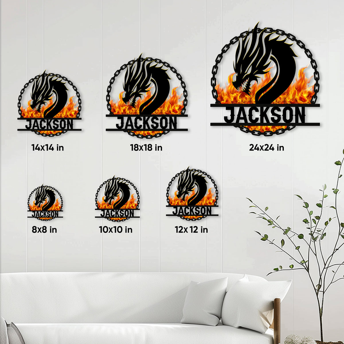 Dragon metal sign size guide showing six available square size options in a living room setting