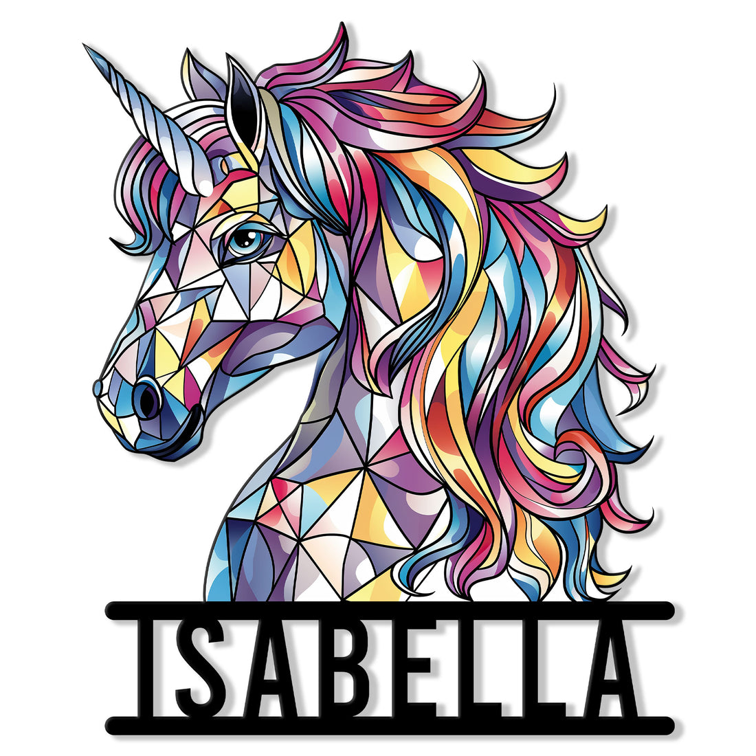 Colorful geometric unicorn head metal sign with a flowing rainbow mane and bold decorative base