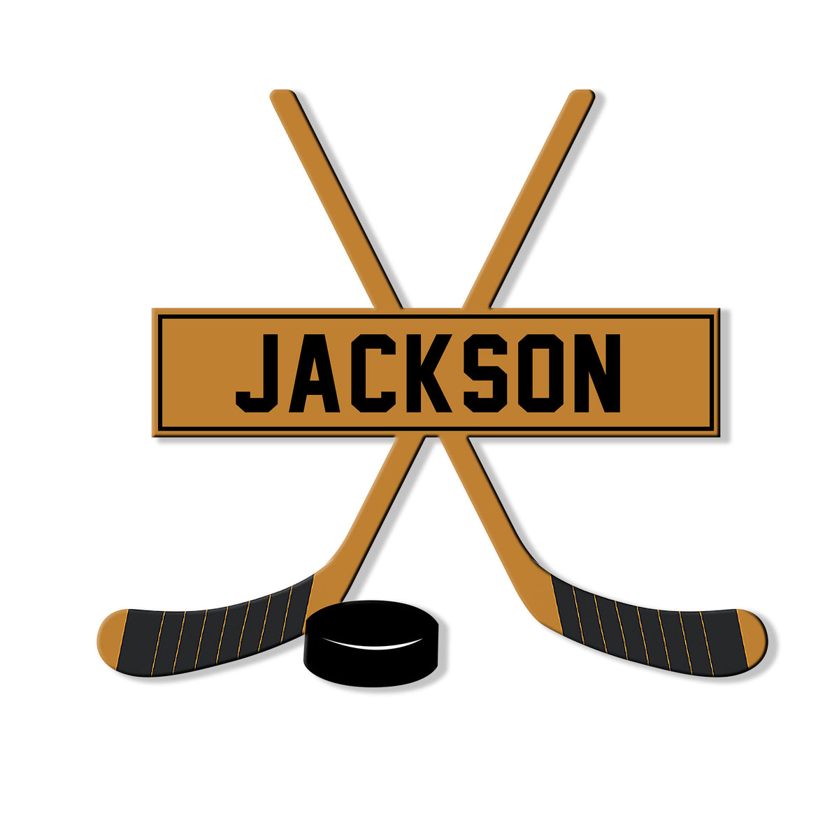 Custom hockey metal sign featuring crossed sticks, a puck, and a bold framed nameplate design