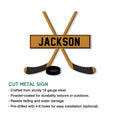 Hockey stick and puck metal sign shown with cut metal sign features and indoor or outdoor display details