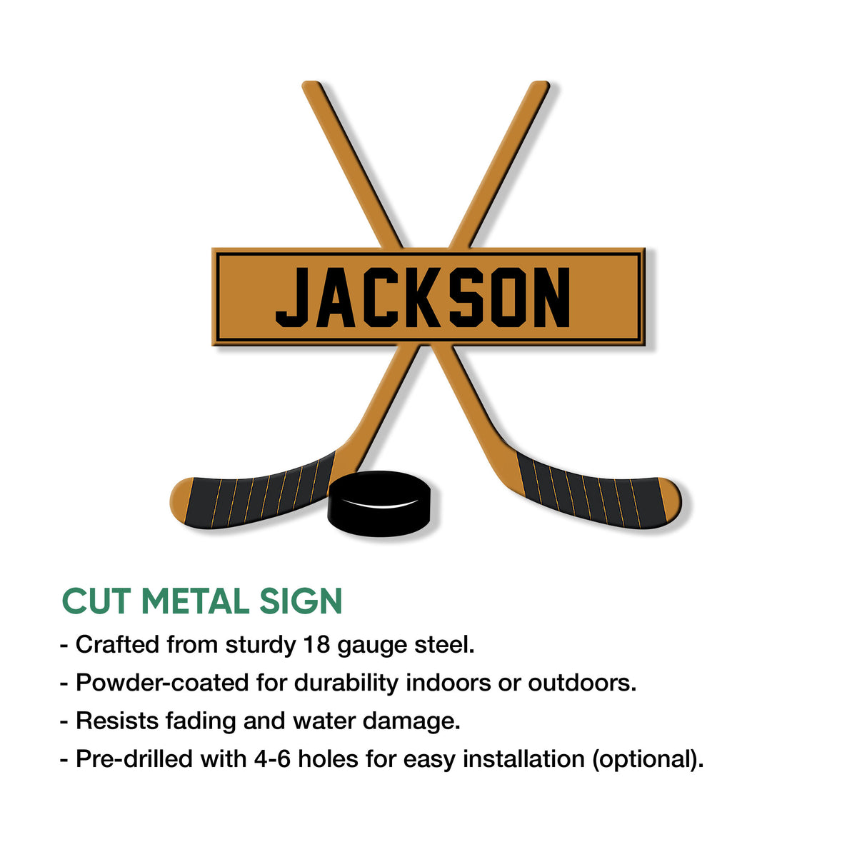 Hockey stick and puck metal sign shown with cut metal sign features and indoor or outdoor display details
