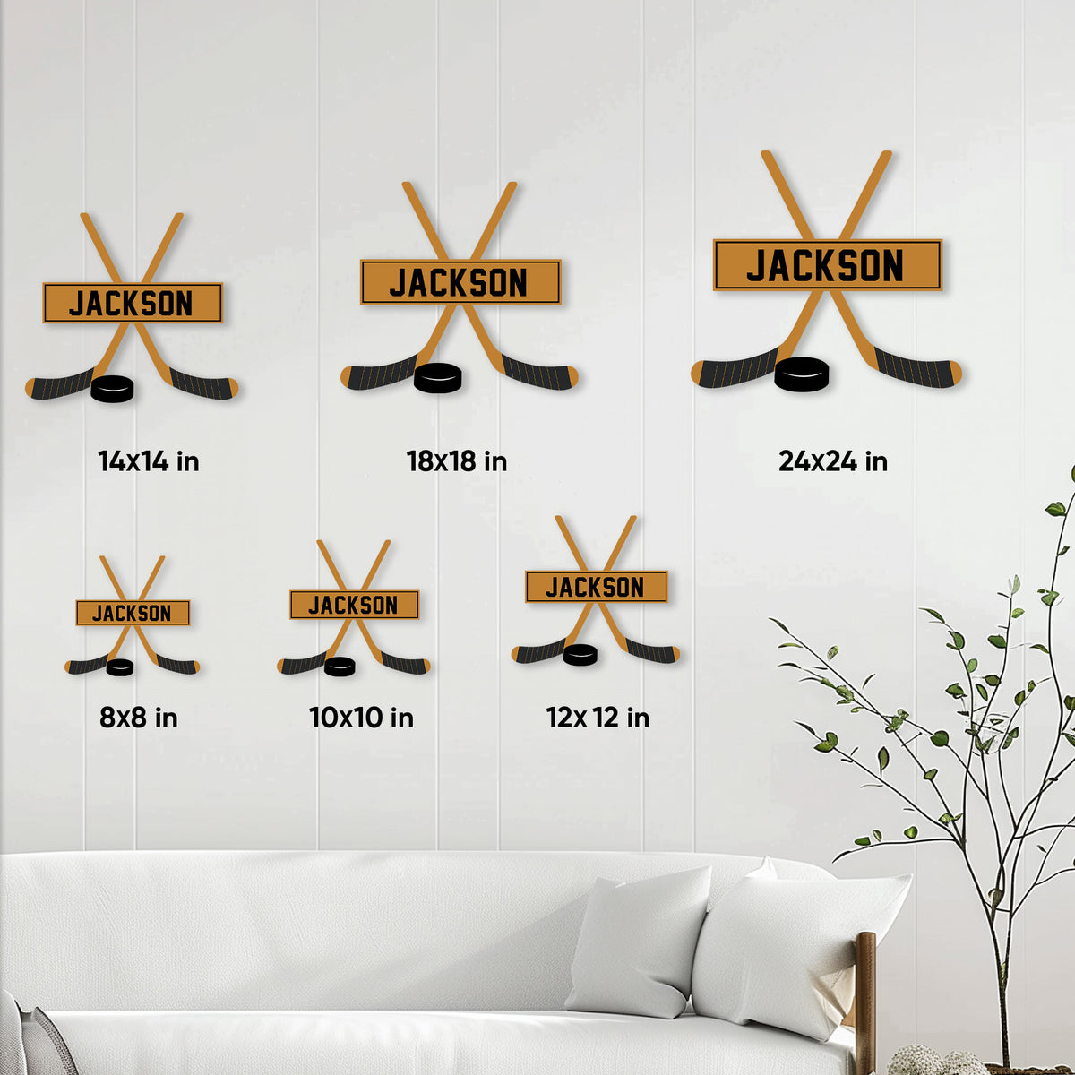 Hockey metal sign size guide showing available square dimensions from 8 by 8 to 24 by 24 inches