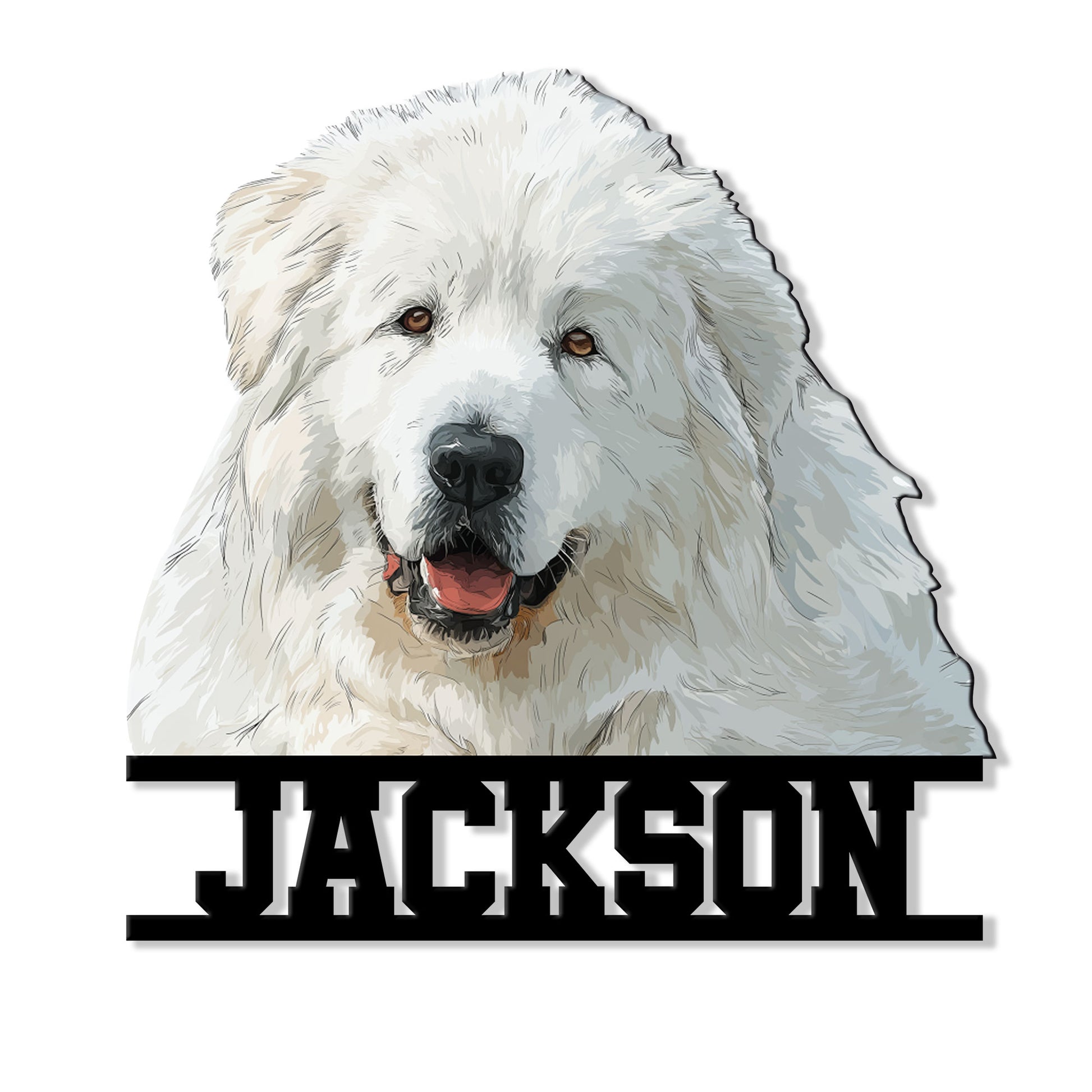 Great Pyrenees metal sign featuring a detailed white dog portrait and bold custom design