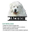 Great Pyrenees dog portrait metal sign shown with a cut-metal style and installation details