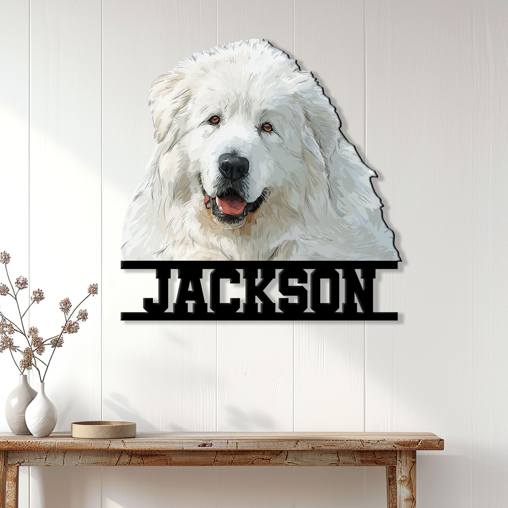 Great Pyrenees wall sign displayed on a light wood-paneled wall in a home decor setting