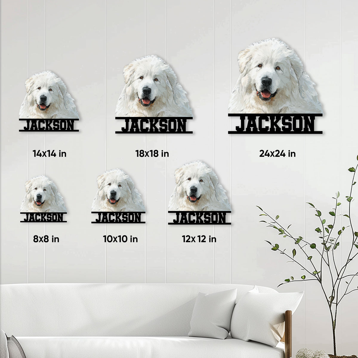Great Pyrenees metal sign size guide showing six available square dimensions