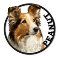 Detailed Sheltie portrait on a round metal sign with a bold black border and warm brown coat tones