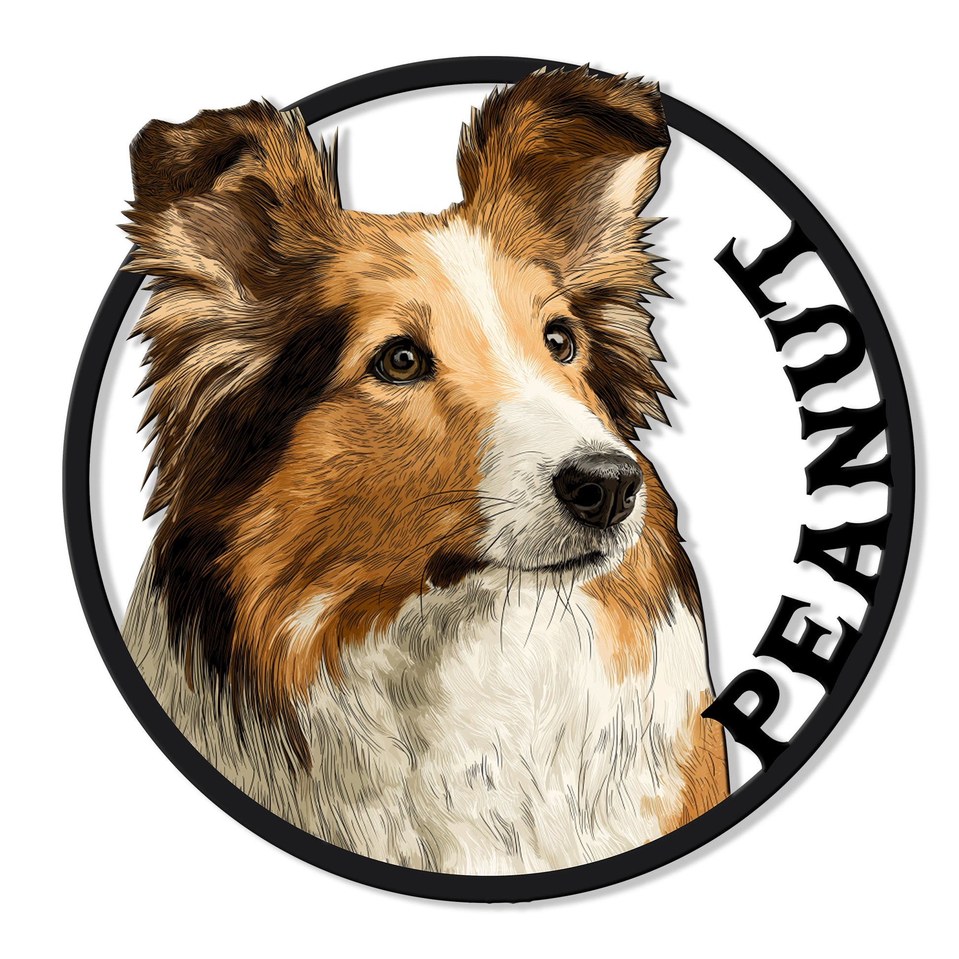 Detailed Sheltie portrait on a round metal sign with a bold black border and warm brown coat tones
