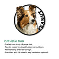 Sheltie metal sign feature graphic showing the round cut design and product presentation details