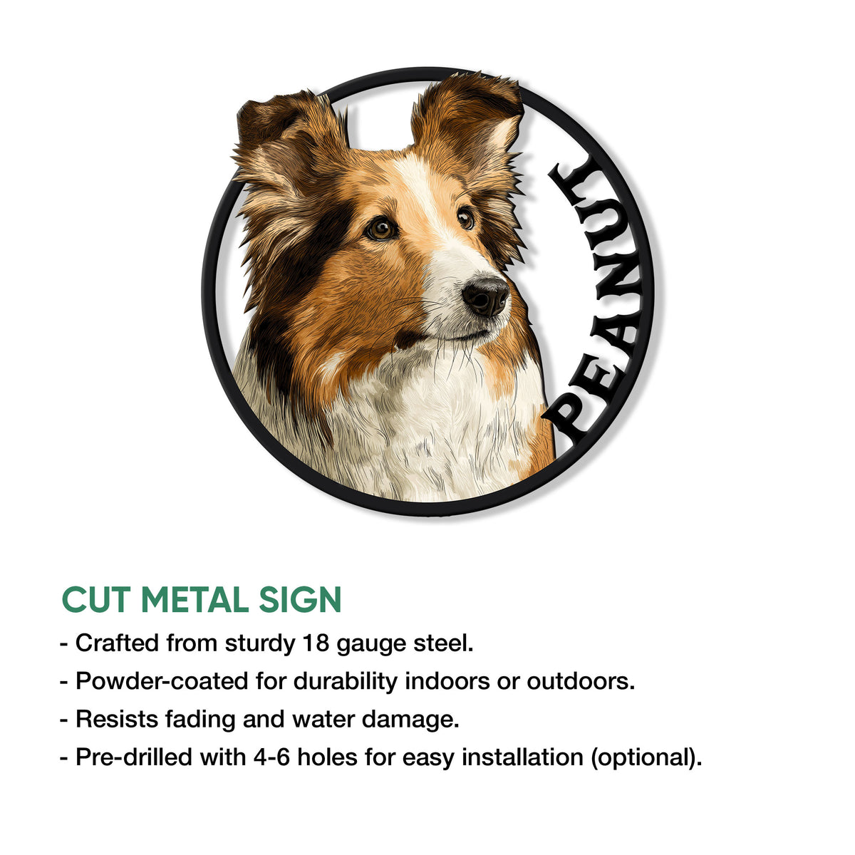 Sheltie metal sign feature graphic showing the round cut design and product presentation details