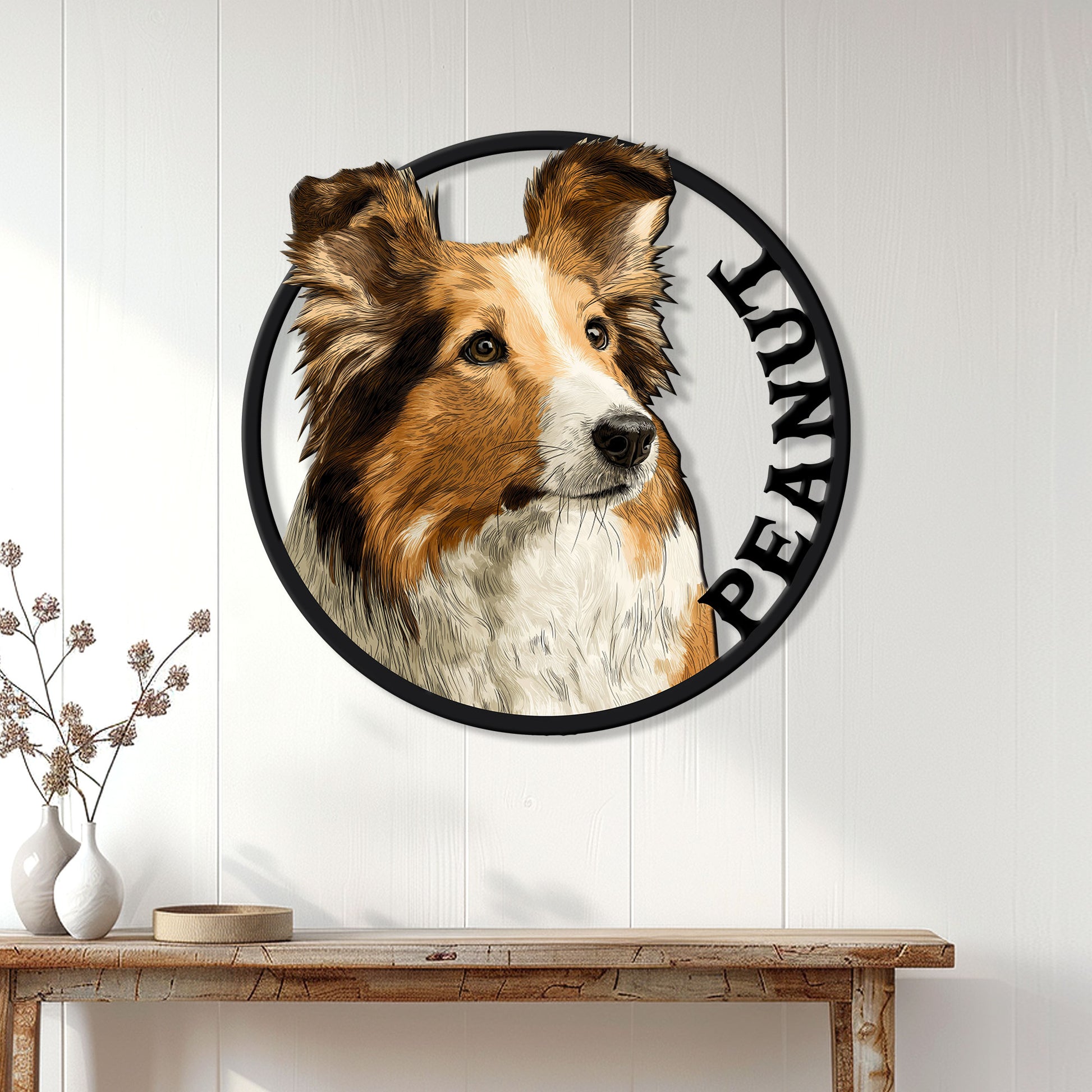 Round Sheltie portrait metal sign displayed on a white paneled wall above a rustic console table