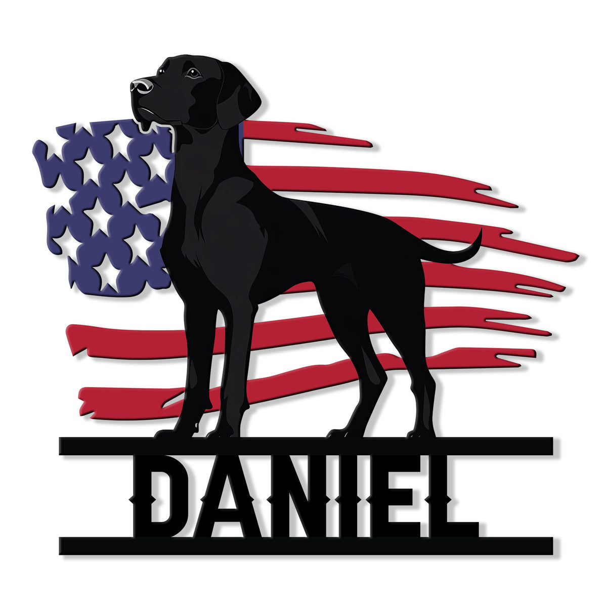 Custom German Shorthaired Pointer metal sign with a black dog silhouette and American flag backdrop