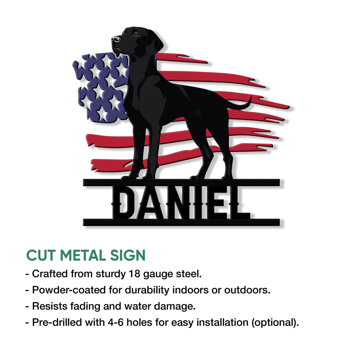 Cut metal German Shorthaired Pointer sign featuring a standing black dog and patriotic flag design