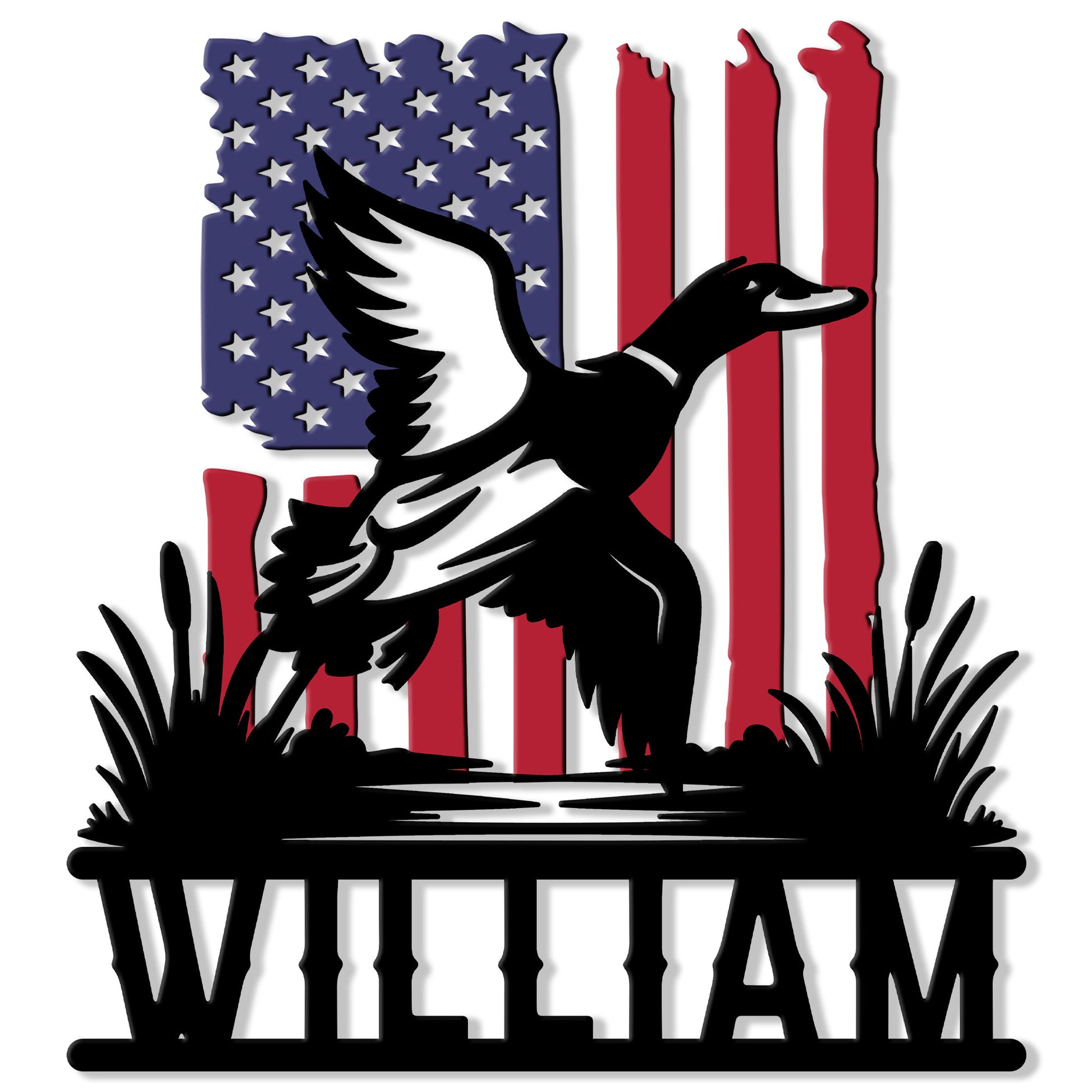 Patriotic duck hunting metal sign featuring a flying waterfowl silhouette over marsh grass and a flag design