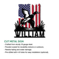 Cut metal duck hunting sign product infographic highlighting the patriotic waterfowl artwork