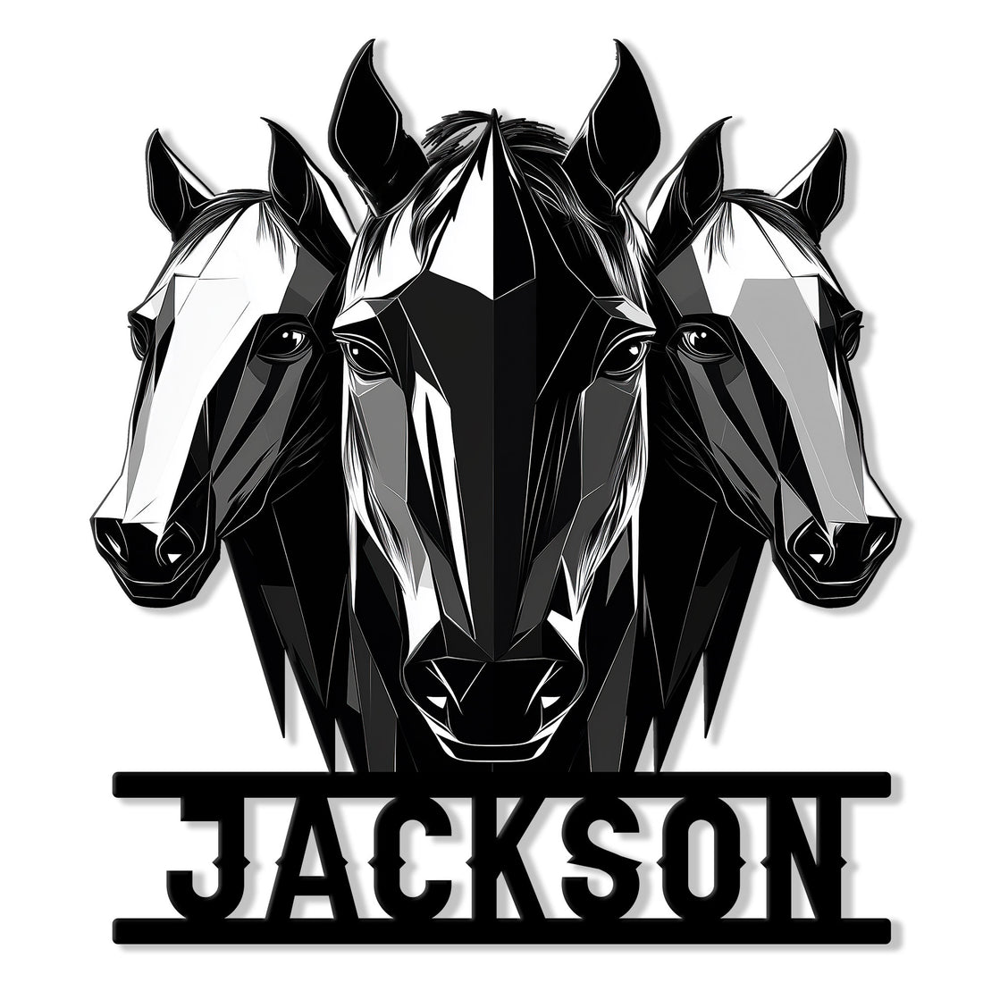 Custom horse metal sign featuring three bold geometric horse portraits in a striking black-and-white design