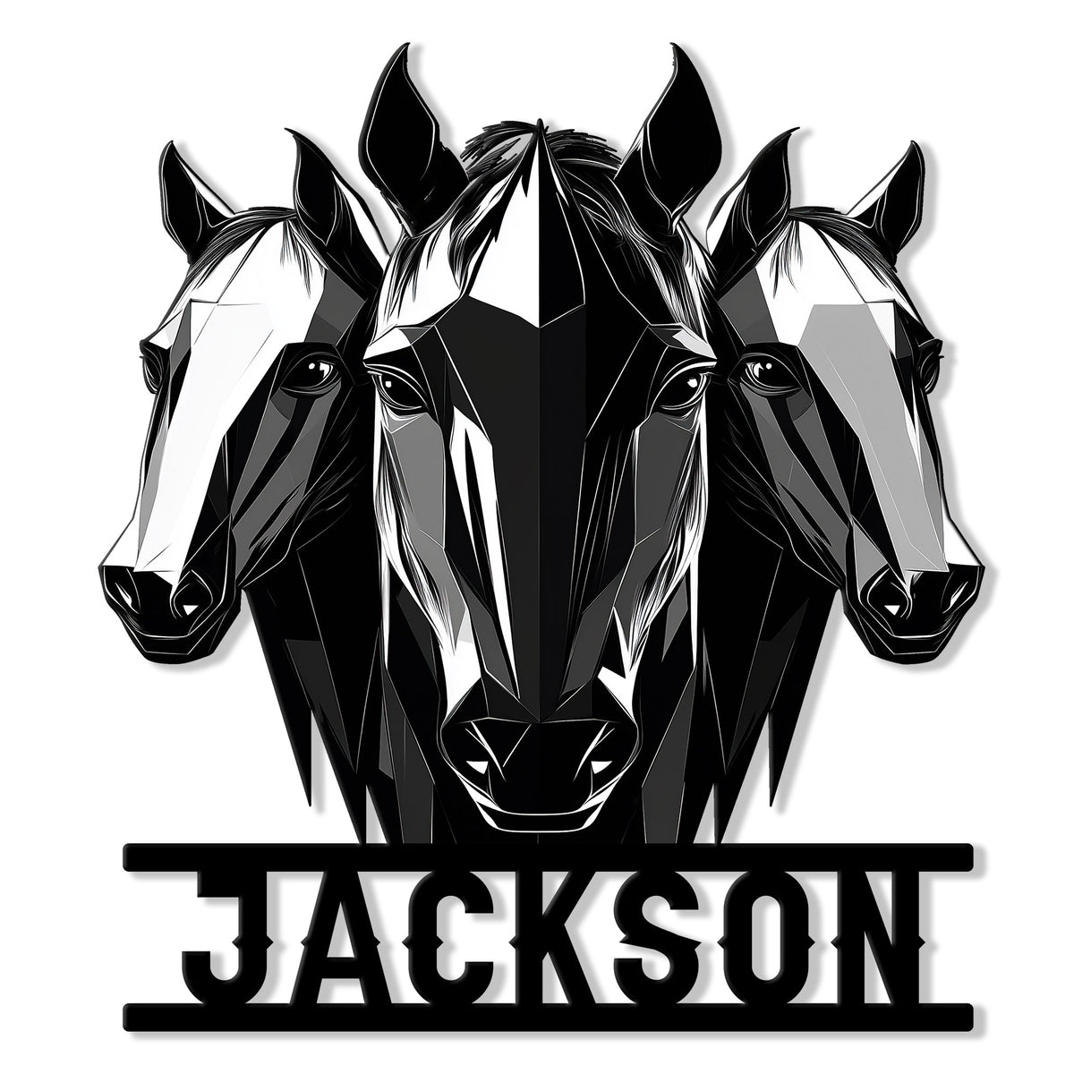 Custom horse metal sign featuring three bold geometric horse portraits in a striking black-and-white design
