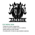 Three-horse metal sign displayed above product details, showcasing a bold geometric equestrian wall design