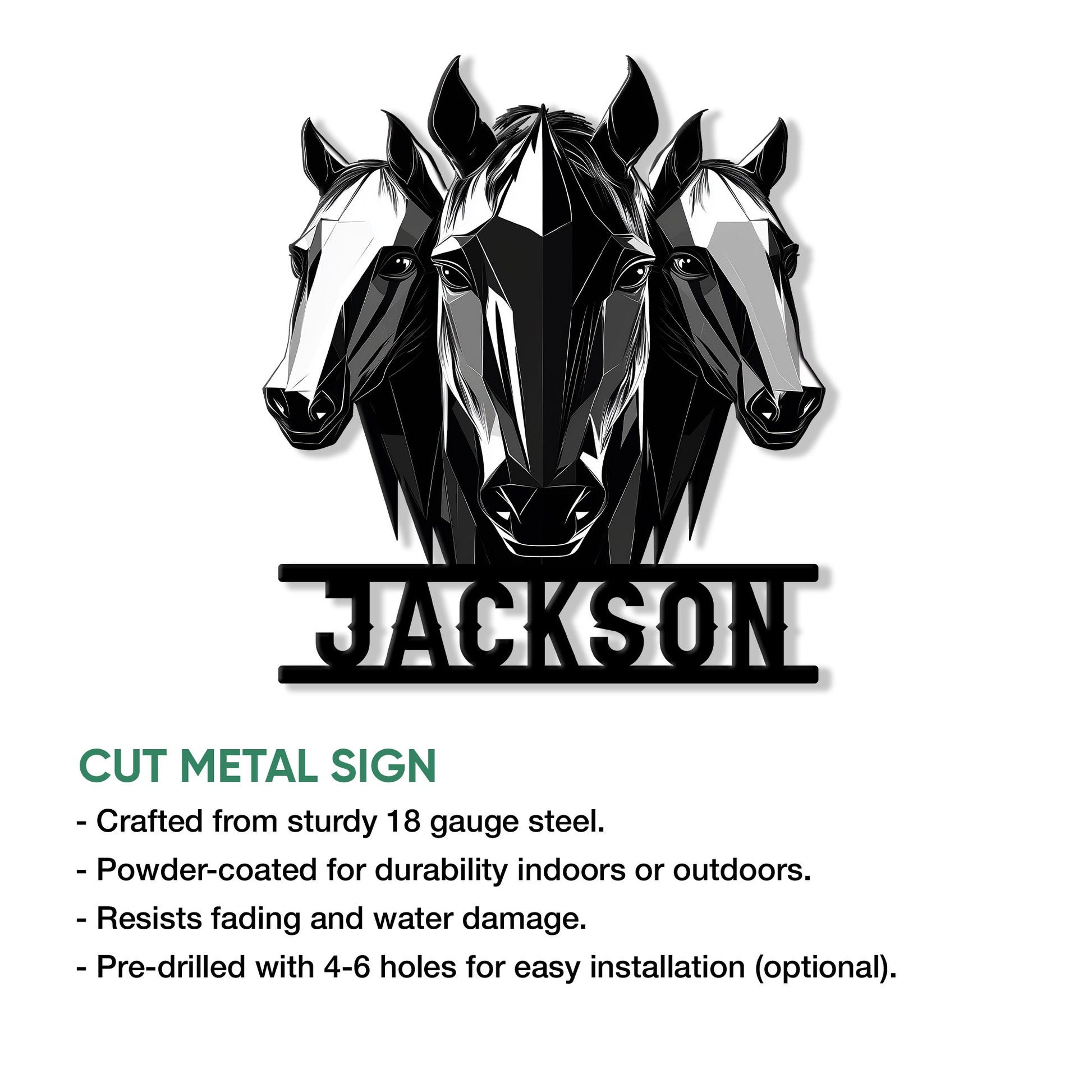 Three-horse metal sign displayed above product details, showcasing a bold geometric equestrian wall design