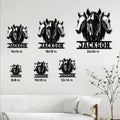 Horse metal sign shown in multiple size options on a paneled wall above a light-colored sofa