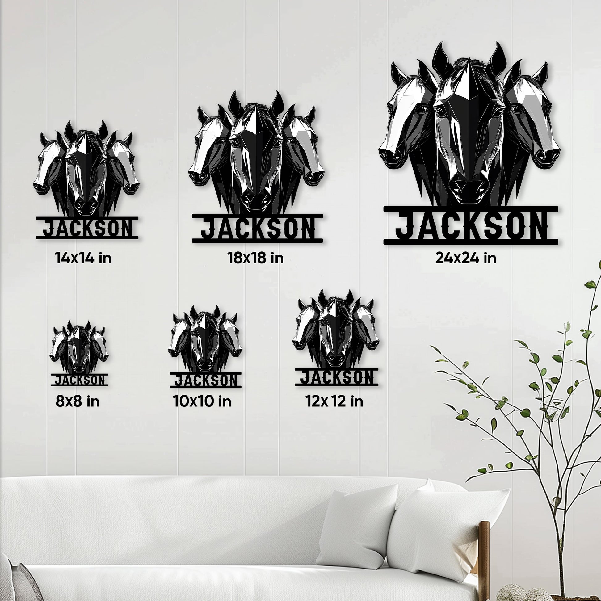 Horse metal sign shown in multiple size options on a paneled wall above a light-colored sofa
